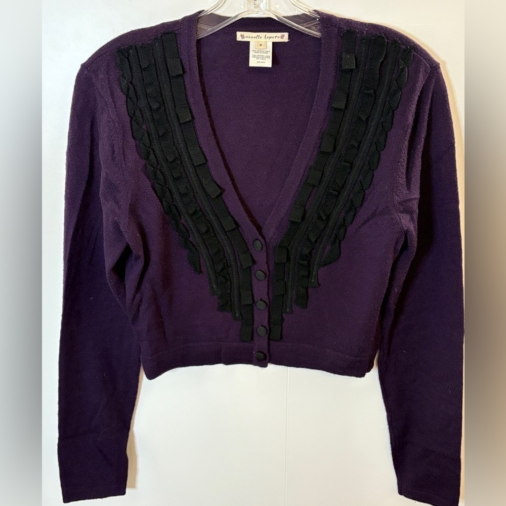 Nanette Lepore merino wool purple cropped sweater w black ribbons